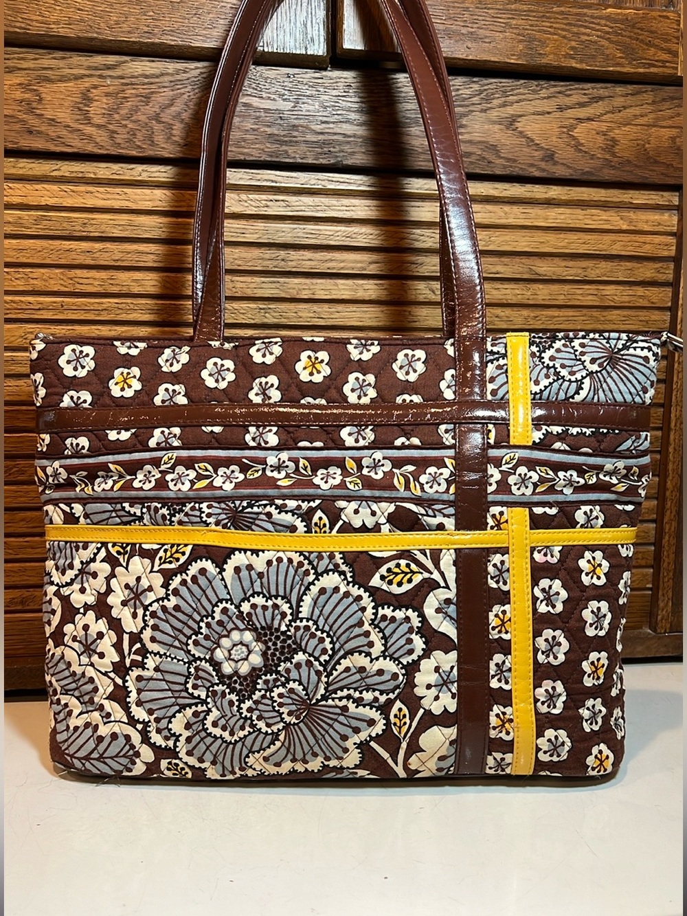 Vera Bradley quilted fabric tote, shoulder bag, patent leather trim. Like new.